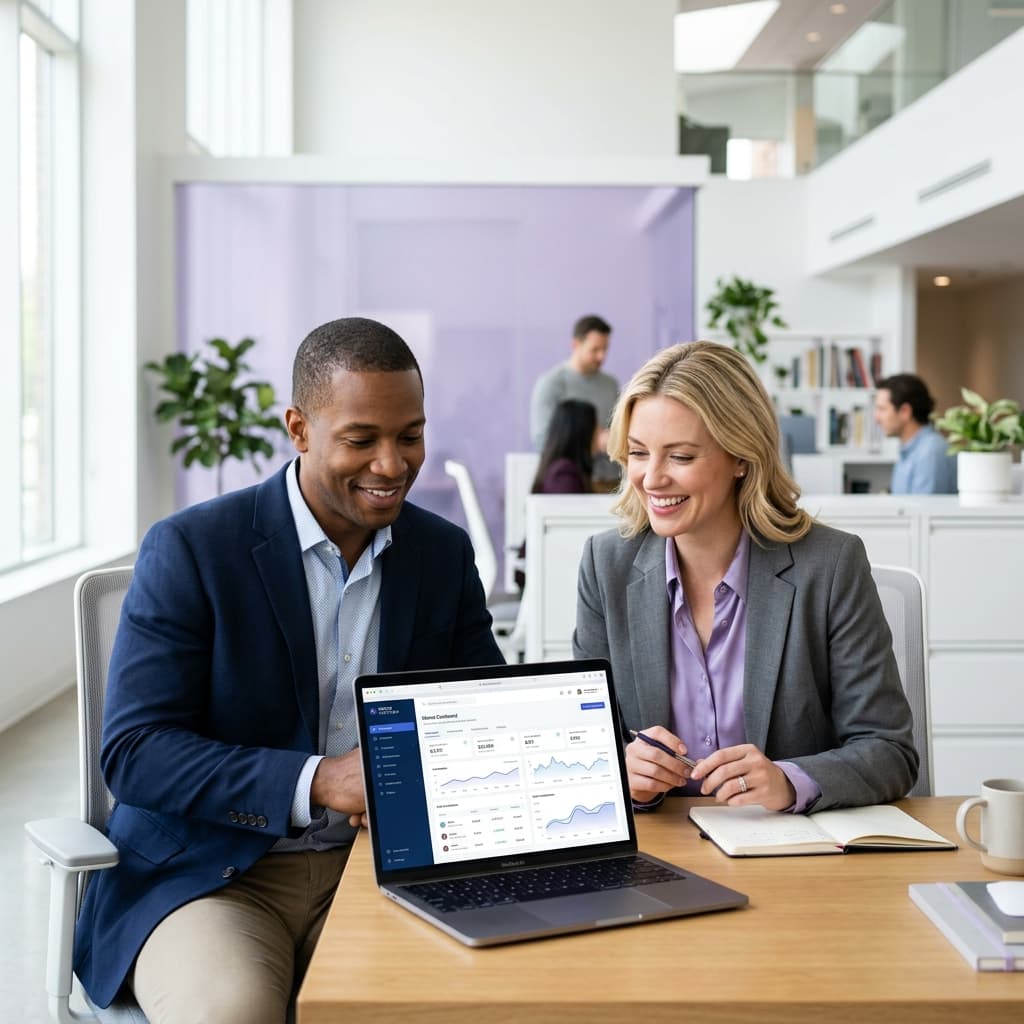 Equipe comercial analisando informações em um notebook