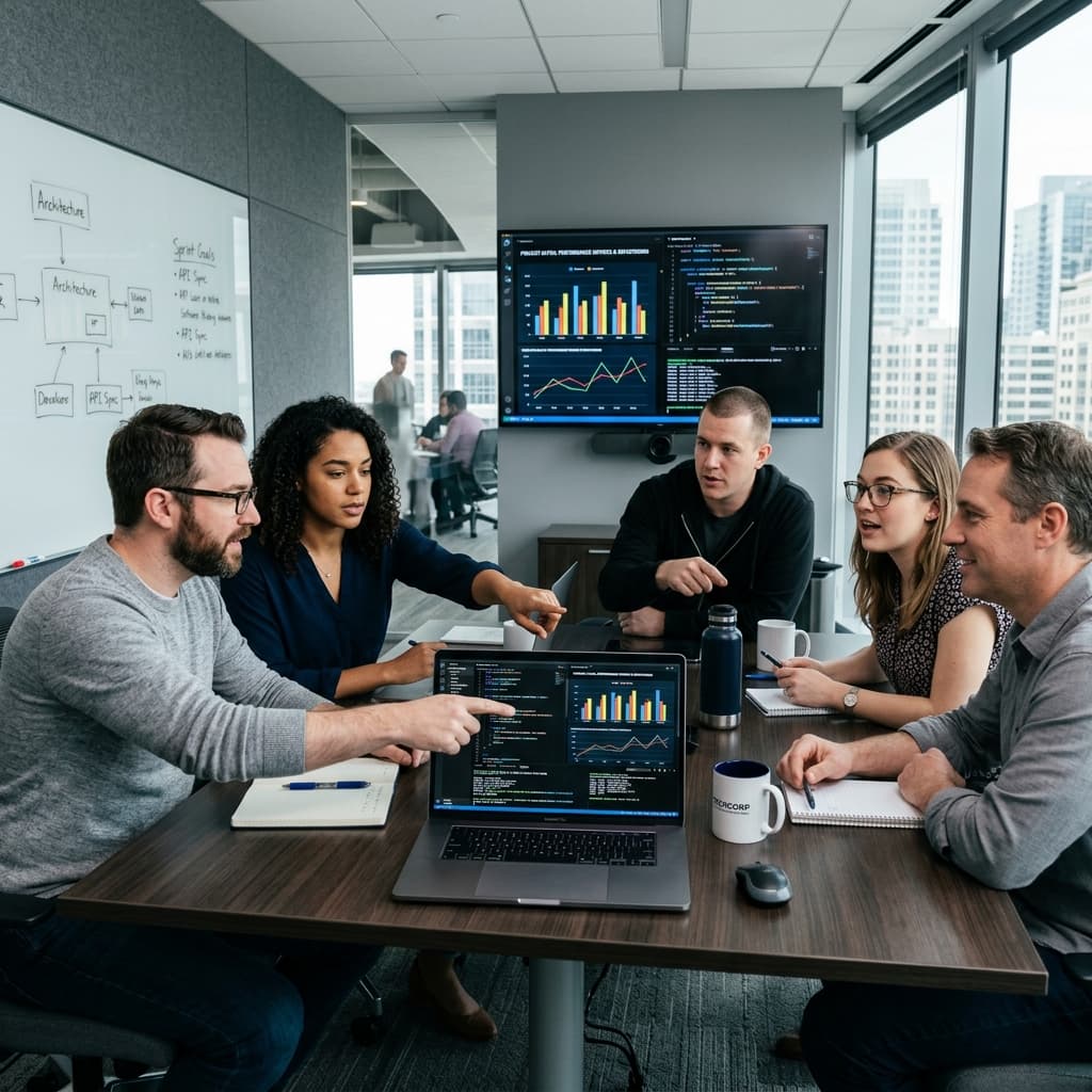 Equipe colaborando em um projeto de tecnologia