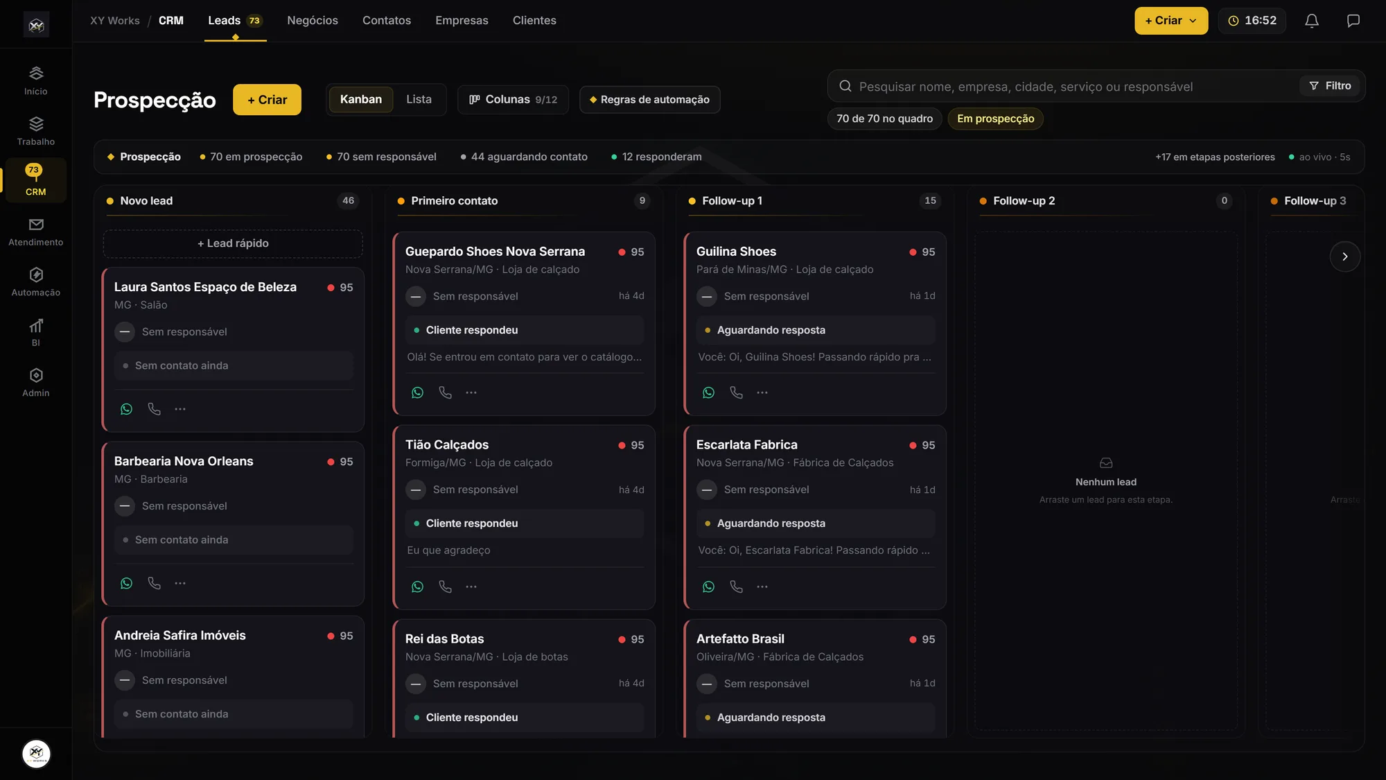 XY Suite em produção: funil de prospecção com leads reais, status de conversa do WhatsApp e automação de follow-up